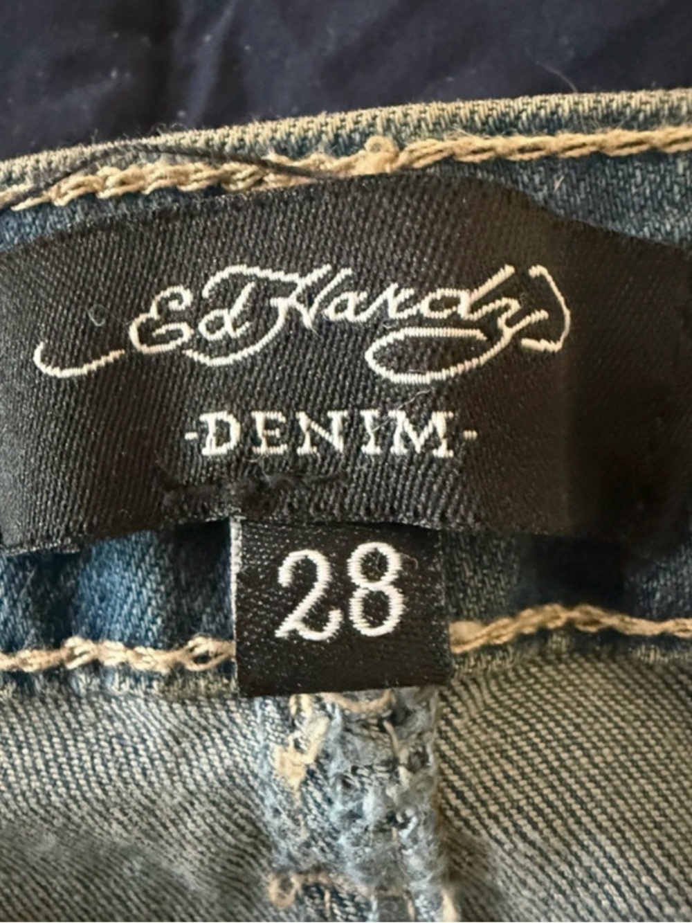 Ed Hardy Blue Denim Jeans with White Script and Multicolor Patch - Picture 5 of 8